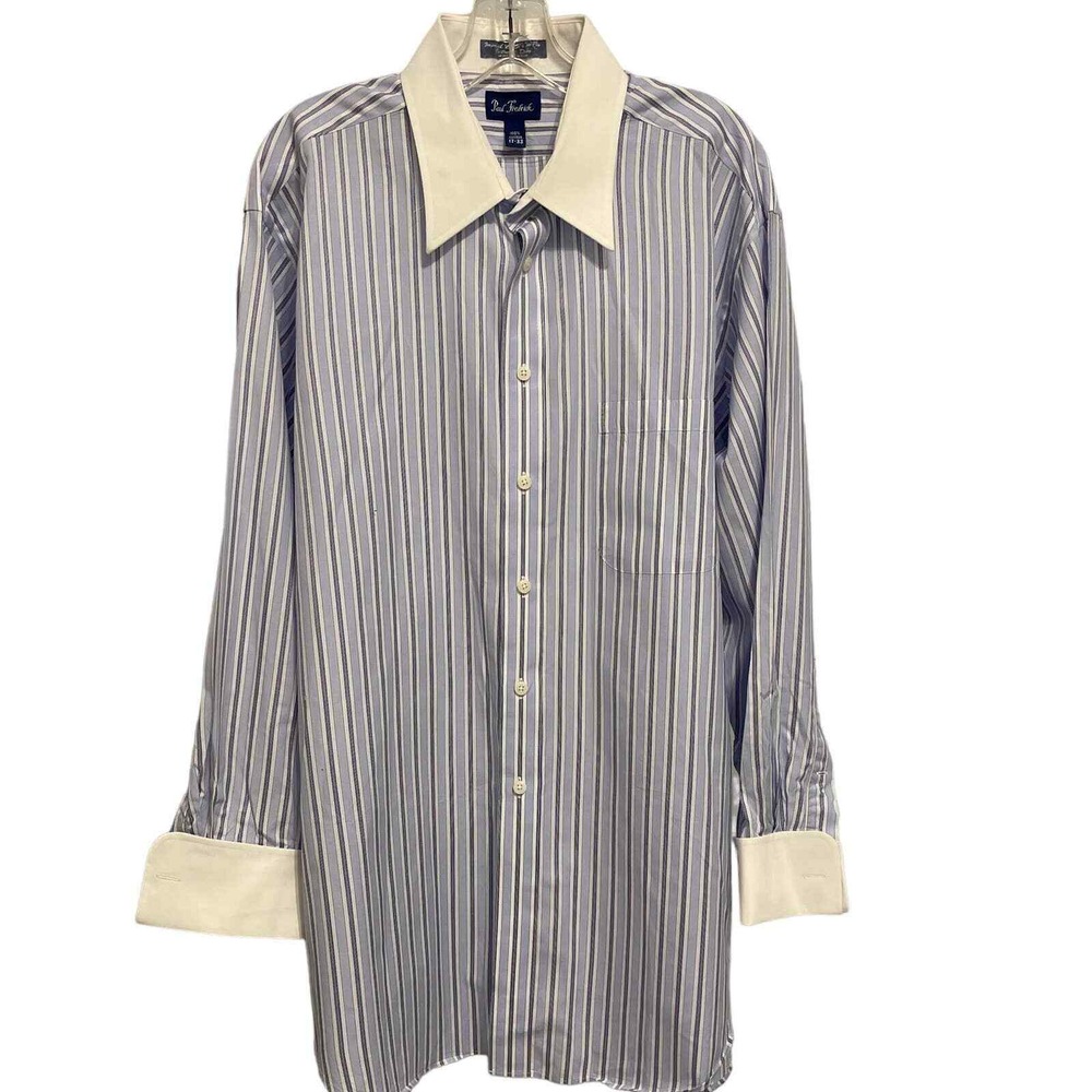Paul Fredrick Dress Shirt Mens 17-33 Blue Stripe Imperial 100s French Cuff Cotto